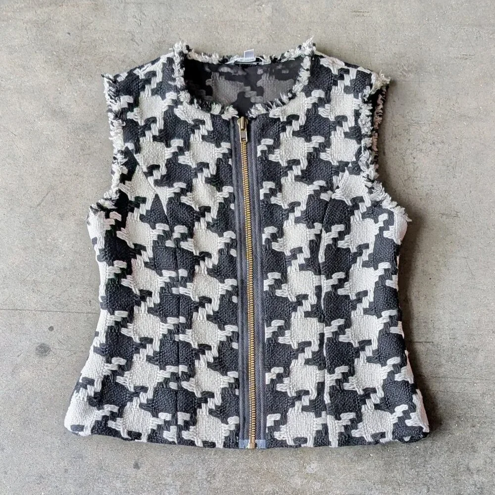 Cabi Black White Houndstooth Fringe Vest small